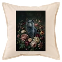 猫（ロシアンブルー）クッション 45cm 花の油絵風カラーアート
