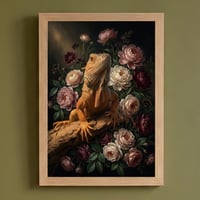 イグアナ（レッドイグアナ）の花に囲まれた油絵風アート A4額装インテリア壁掛け