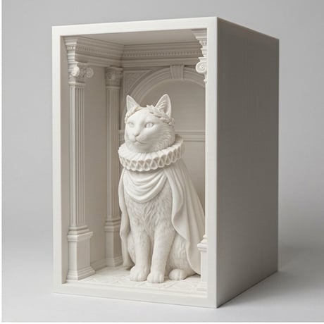 猫（ターキッシュアンゴラ）の3Dプリント ブックヌーク 白PLA 本棚インテリア