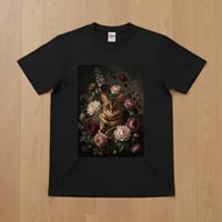 猫（ベンガル）半袖Tシャツ 花の油絵風アート ブラック 男女兼用