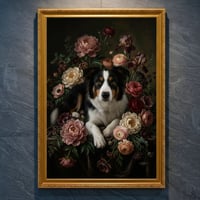 犬（ボーダーコリー）の花に囲まれた油絵風アート A4金縁額装インテリア壁掛け