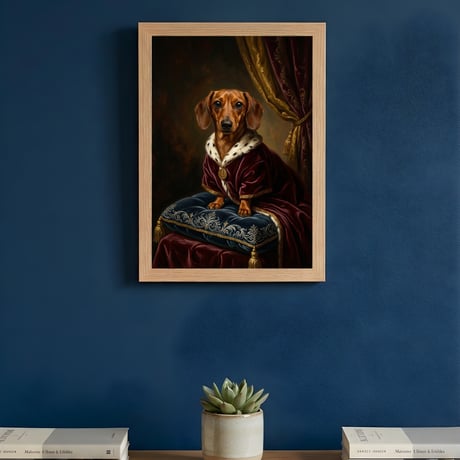 犬（ミニチュアダックスフンド）のルネサンス風肖像画 A4額装インテリア壁掛け