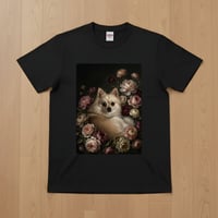 犬（ポメラニアン）半袖Tシャツ 花の油絵風アート ブラック 男女兼用