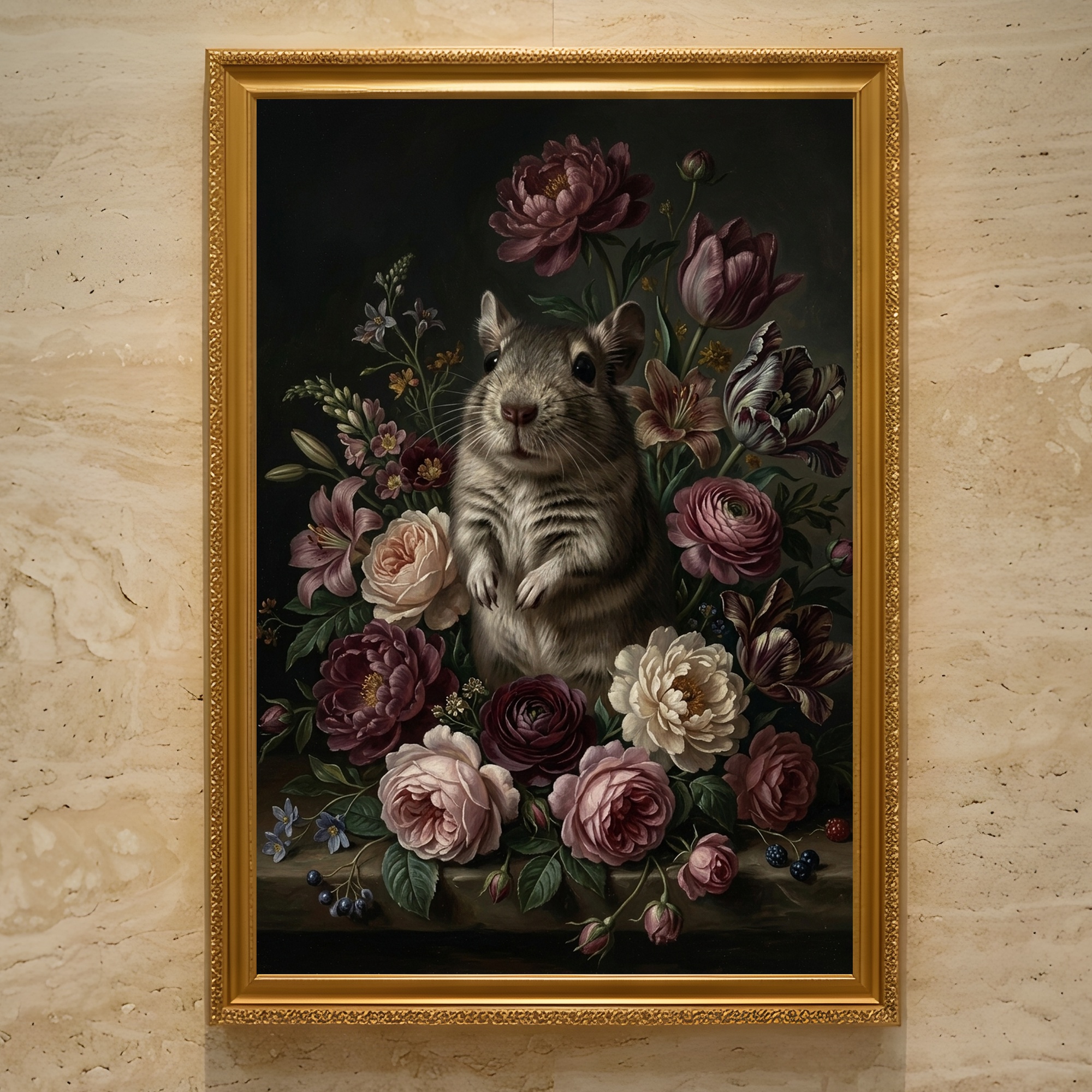 アナベル・ヒューイット リトグラフ 花 額装 インテリア アート デグーの花に囲まれた油絵風アート A3額装インテリア壁掛け | うちの子