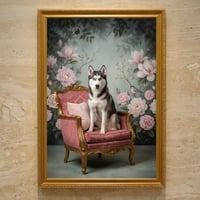 犬（シベリアンハスキー）のロココ調シャビーピンクアート A3額装インテリア壁掛け
