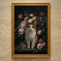 猫（ジャパニーズボブテイル）の花に囲まれた油絵風アート A3額装インテリア壁掛け