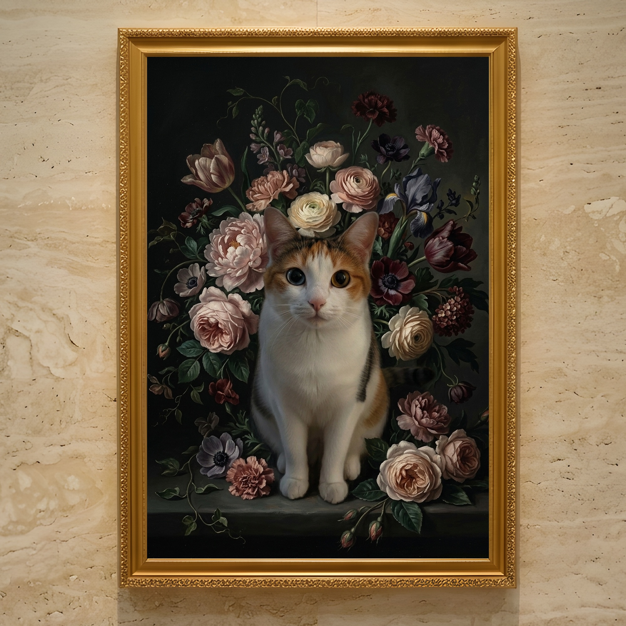 猫（ジャパニーズボブテイル）の花に囲まれた油絵風アート A3額装