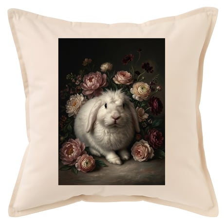 うさぎ（フレンチアンゴラ）クッション 45cm 花の油絵風カラーアート