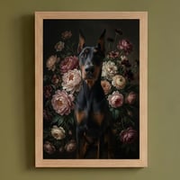 犬（ドーベルマン）の花に囲まれた油絵風アート A4額装インテリア壁掛け