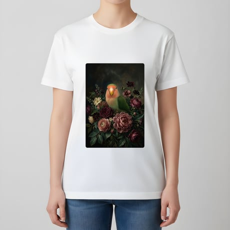 インコ（コザクラインコ）半袖Tシャツ 花の油絵風アート ホワイト 男女兼用
