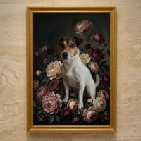 犬（ジャックラッセルテリア）の花に囲まれた油絵風アート A3額装インテリア壁掛け