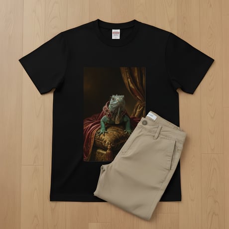 ブルーイグアナ半袖Tシャツ ルネサンス風カラー ブラック 男女兼用