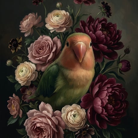 インコ（コザクラインコ）の花に囲まれた油絵風アート A3額装インテリア壁掛け