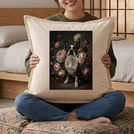 犬（ボストンテリア）クッション 45cm 花の油絵風カラーアート