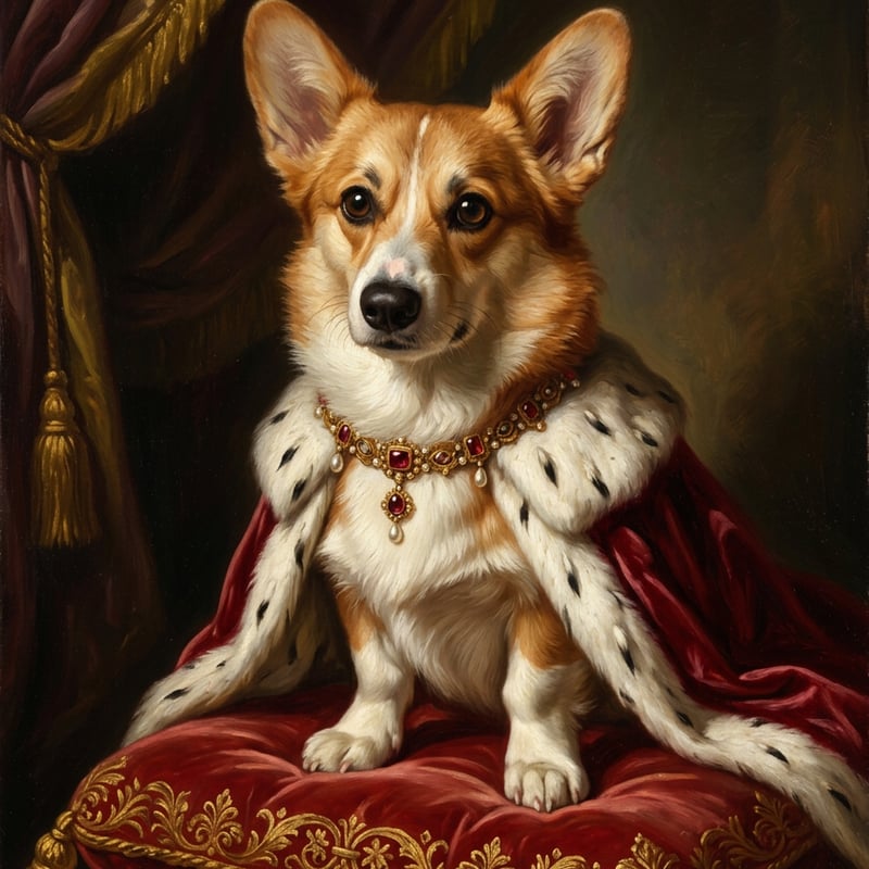 犬（コーギー）のルネサンス風肖像画 油絵風アートA4金縁額装