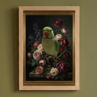 インコ（インドオオハナインコ）の花の油絵風アート A4額装インテリア壁掛け