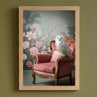 シロフクロウのロココ調シャビーピンクアート A4額装インテリア壁掛け