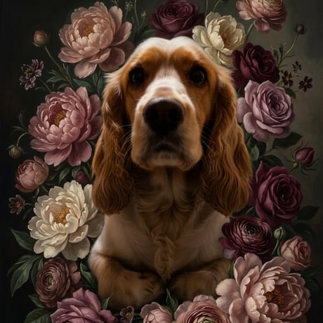 犬（コッカースパニエル）の花に囲まれた油絵風アート A4額装インテリア壁掛け