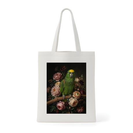 インコ（キエリボウシインコ）トートバッグ 花の油絵風アート キャンバス地