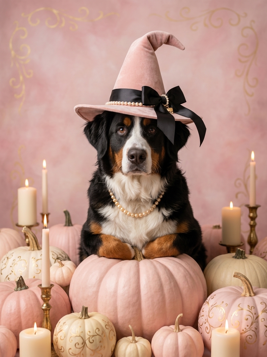 犬（バーニーズマウンテンドッグ）のハロウィン限定アート A4金縁額装