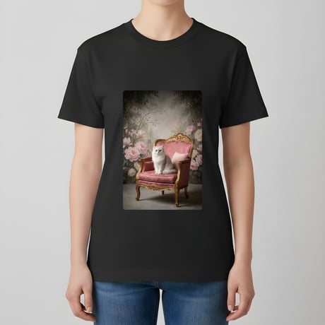 猫（チンチラペルシャ）半袖Tシャツ ロココ調シャビーピンク ブラック 男女兼用