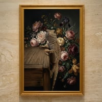 イグアナ（サバクイグアナ）の花に囲まれた油絵風アート A3額装インテリア壁掛け
