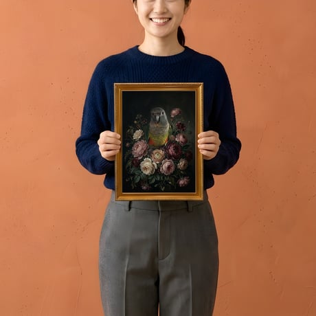 インコ（アカハラインコ）の花に囲まれた油絵風アート A4金縁額装インテリア壁掛け