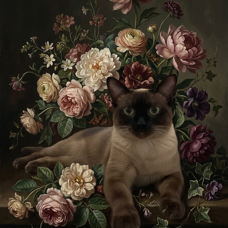 猫（バーミーズ）の花に囲まれた油絵風アート A3額装インテリア壁掛け 猫（バーミーズ）の花に囲まれた油絵風アート A3額装インテリア壁掛け