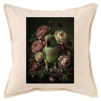 インコ（アレクサンドリンインコ）クッション 45cm 花の油絵風カラーアート