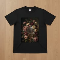 文鳥・ブンチョウ半袖Tシャツ 花の油絵風アート ブラック 男女兼用