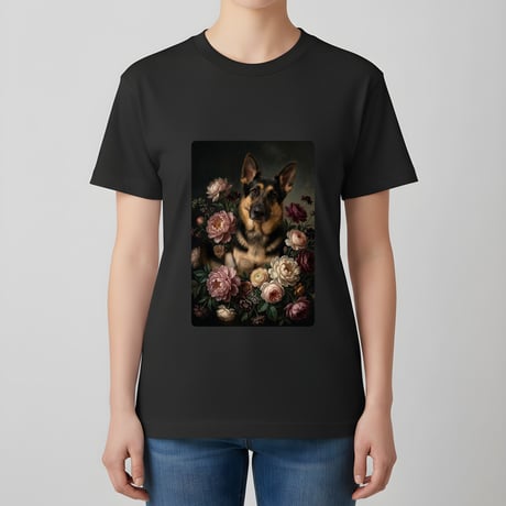 犬（ジャーマンシェパード）半袖Tシャツ 花の油絵風アート ブラック 男女兼用