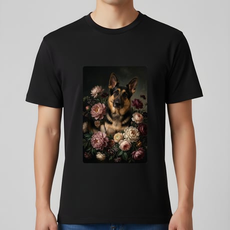 犬（ジャーマンシェパード）半袖Tシャツ 花の油絵風アート ブラック 男女兼用