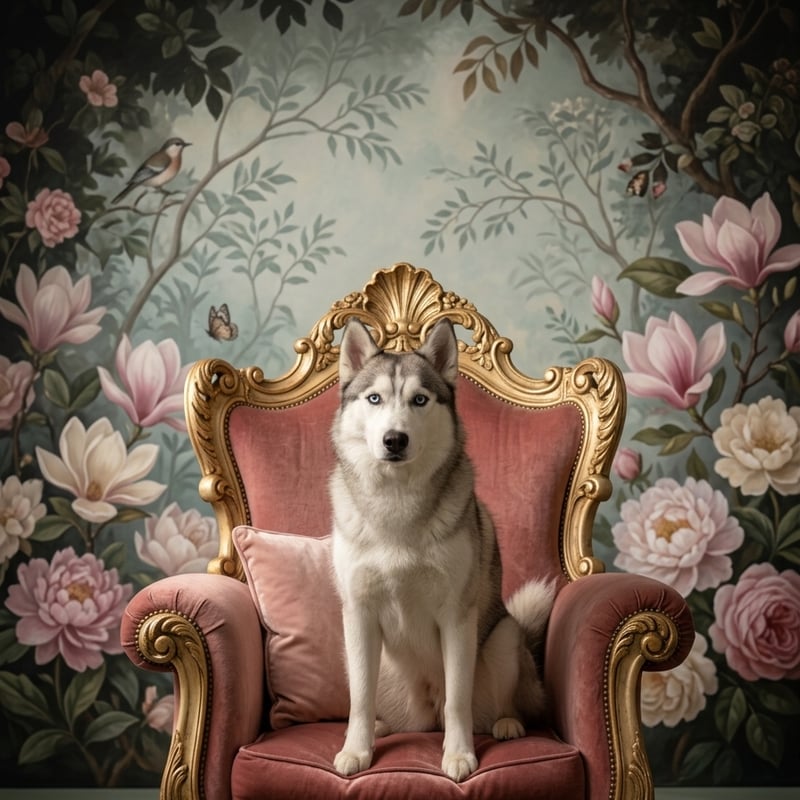 犬（シベリアンハスキー）のロココ調シャビーピンクアート A4額装