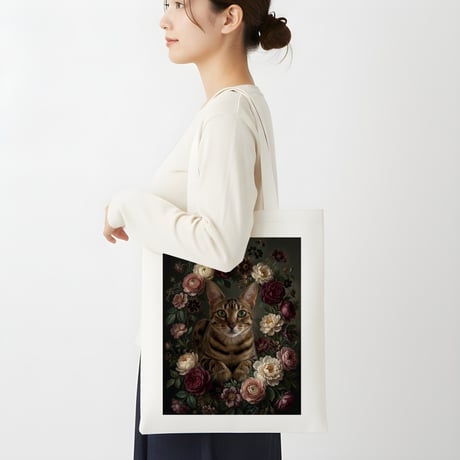 猫（オシキャット）トートバッグ 花の油絵風アート キャンバス地