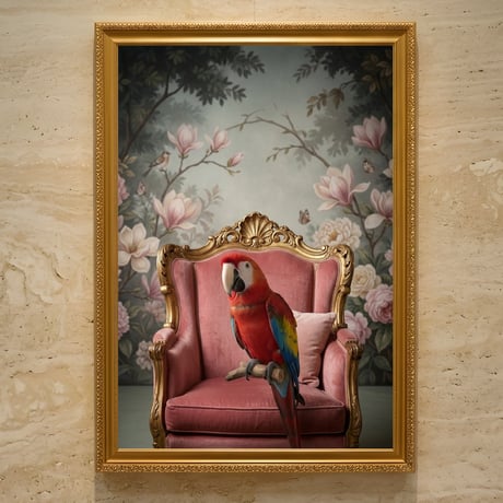 インコ（コンゴウインコ）のロココ調シャビーピンクアート A3額装インテリア壁掛け