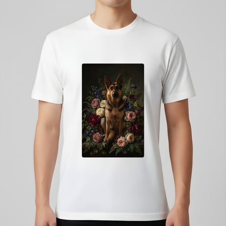 犬（ジャーマンシェパード）半袖Tシャツ 花の油絵風アート ホワイト 男女兼用
