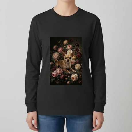 犬（チワワ）長袖Tシャツ 花の油絵風アート ブラック 男女兼用