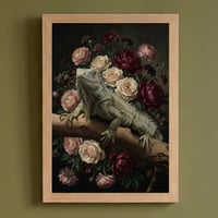 イグアナ（トゲオイグアナ）の花に囲まれた油絵風アート A4額装インテリア壁掛け
