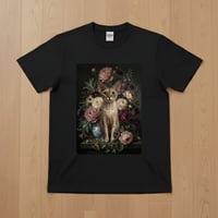猫（デボンレックス）半袖Tシャツ 花の油絵風アート ブラック 男女兼用