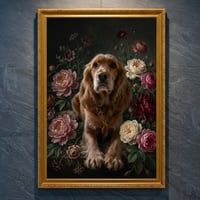 犬（コッカースパニエル）の花に囲まれた油絵風アート A4金縁額装インテリア壁掛け