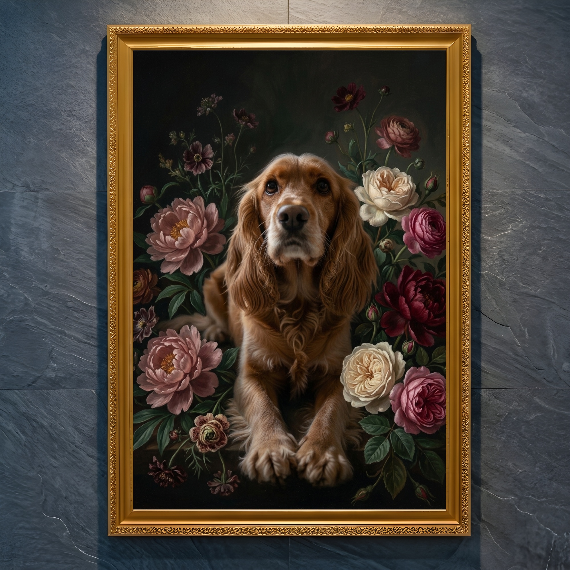 犬（コッカースパニエル）の花に囲まれた油絵風アート A4金縁額装