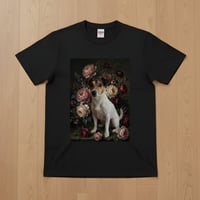 犬（ジャックラッセルテリア）半袖Tシャツ 花の油絵風アート ブラック 男女兼用