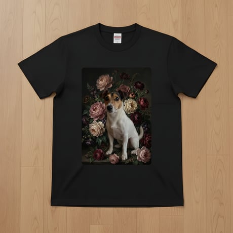 犬（ジャックラッセルテリア）半袖Tシャツ 花の油絵風アート ブラック 男女兼用
