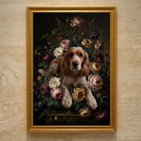 犬（コッカースパニエル）の花に囲まれた油絵風アート A3額装インテリア壁掛け