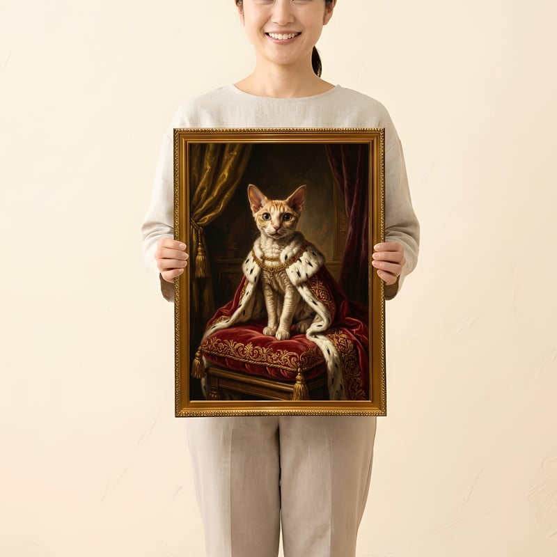 猫（デボンレックス）のルネサンス風肖像画 油絵風アートA3額装