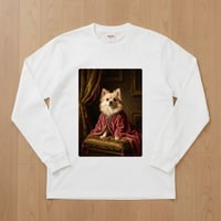 犬（ポメラニアン）長袖Tシャツ ルネサンス風カラーアート ホワイト 男女兼用