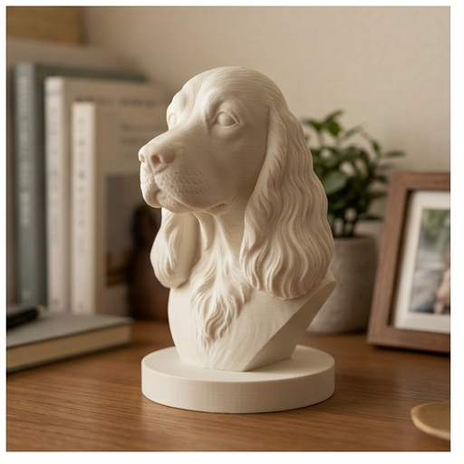 犬（コッカースパニエル）の3Dプリント胸像 白PLA 彫刻 置物