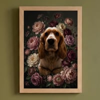 犬（コッカースパニエル）の花に囲まれた油絵風アート A4額装インテリア壁掛け