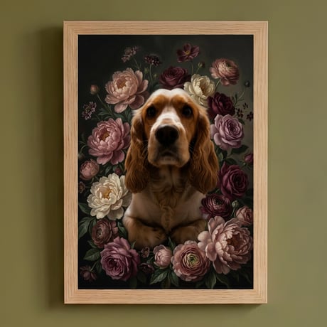 犬（コッカースパニエル）の花に囲まれた油絵風アート A4額装インテリア壁掛け