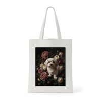 犬（マルチーズ）トートバッグ 花の油絵風アート キャンバス地
